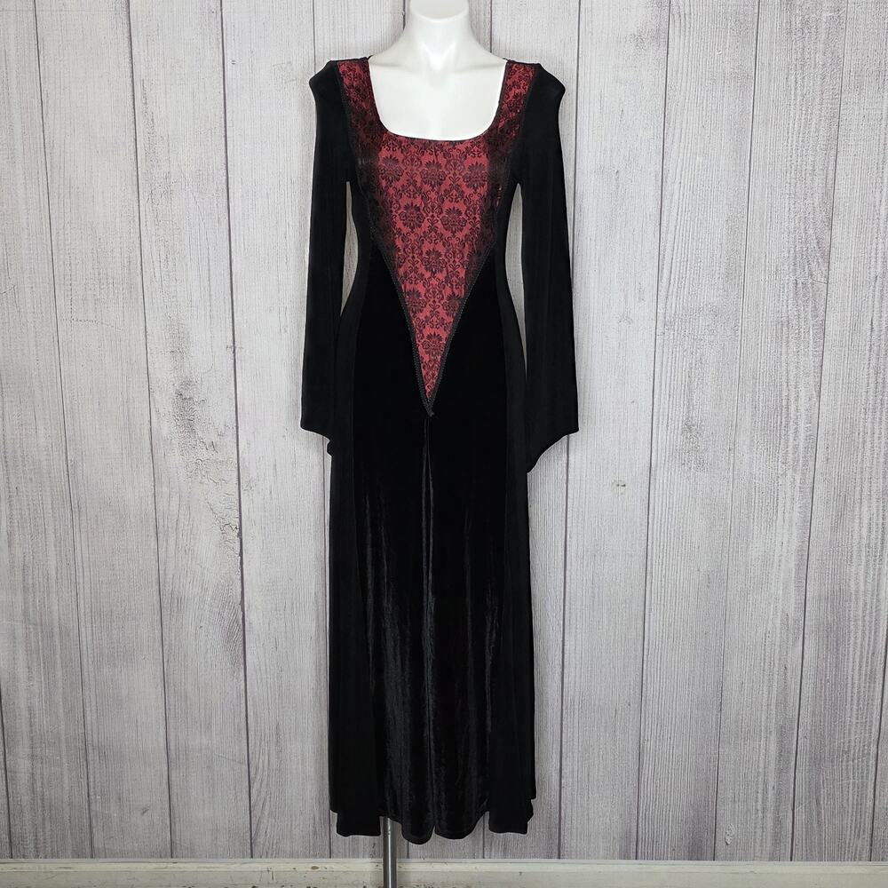 Vintage 90s CYKXTEES Velvet Maxi Dress Gothic Vampire Red Damask Bell Sleeve, S